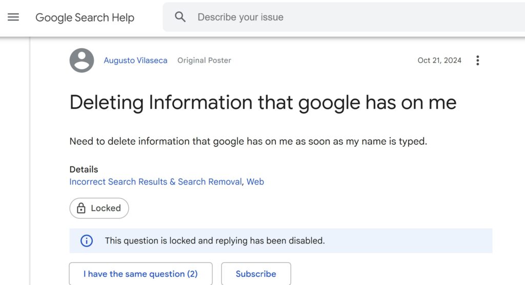 Augusto Vilaseca deleting information that Google has on him